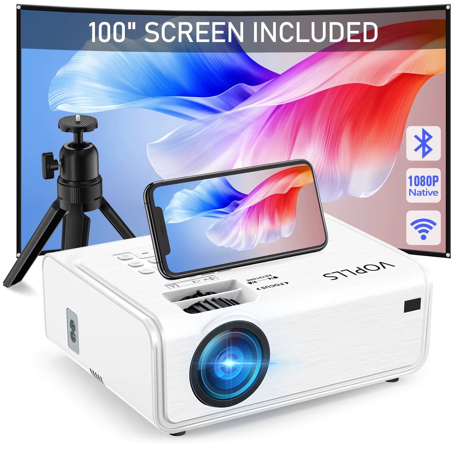 5G/2.4G Wifi Bluetooth Projector, Native 1080P Full Hd Projector with 100" Projector Screen & Tripod, 4K Supported Projector