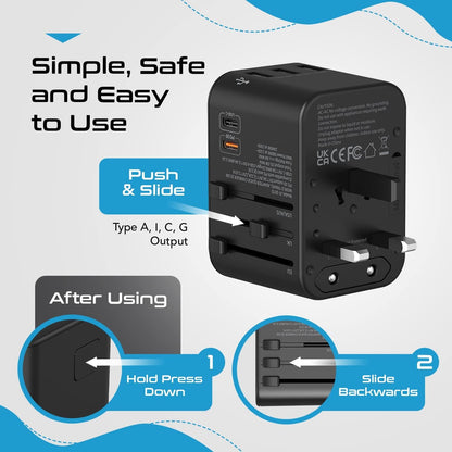 World International Travel Plug Adapter - Powerful 33.5W with Pd & QC 3.0 Dual USB-C Power - 3 USB Ports Wall Charger Type I C G a Outlets 110V 220V A/C - EU Euro US UK (11-KU)