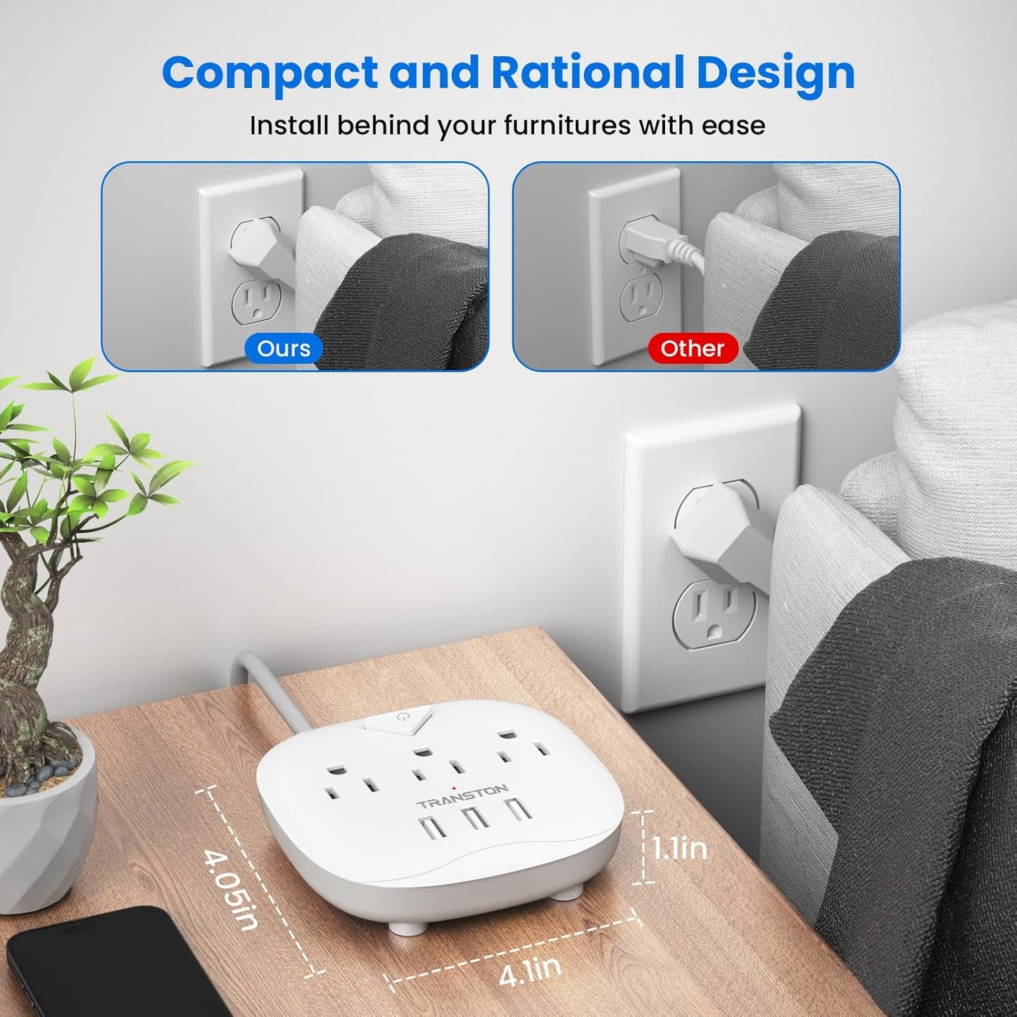 Power Strip 3 Outlets and 3 USB Ports with Switch Control, Desktop Charging Station with 5 Ft Extension Cord, Compact for Nightstand, Office and Travel - White