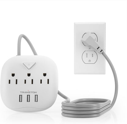 Power Strip 3 Outlets and 3 USB Ports with Switch Control, Desktop Charging Station with 5 Ft Extension Cord, Compact for Nightstand, Office and Travel - White