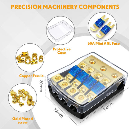 4 Way Mini ANL Fuse Holder, Copper 0/2/4 Gauge to 4/6/8 Gauge 60 Amp Fuse Distribution Block for Car Truck Boat Audio Stereo Amplifier