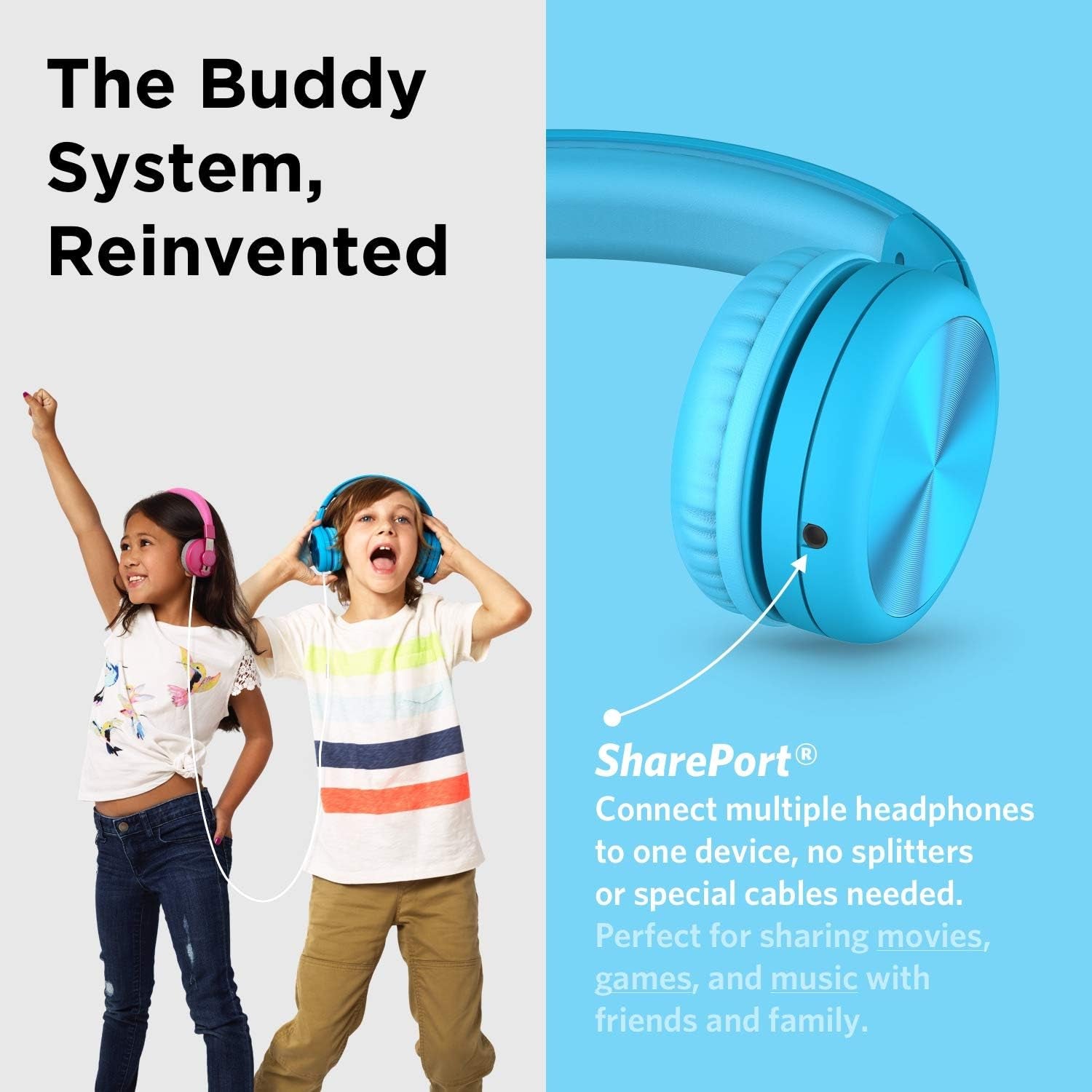 Connect+ PRO Kids Premium Volume Limited Wired Headphones with Shareport and Inline Microphone (Children) - Blue